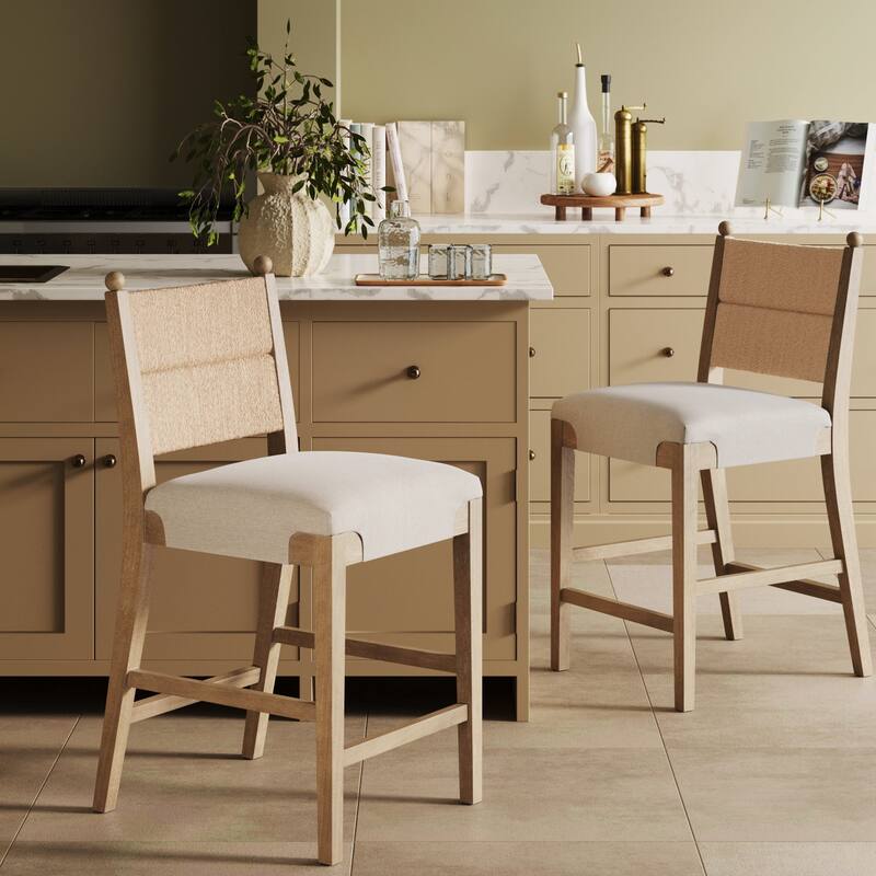 Cove Seagrass Counter Stool, Upholstered Bar Stool with Seagrass Backrest and Flax Upholstered Seat