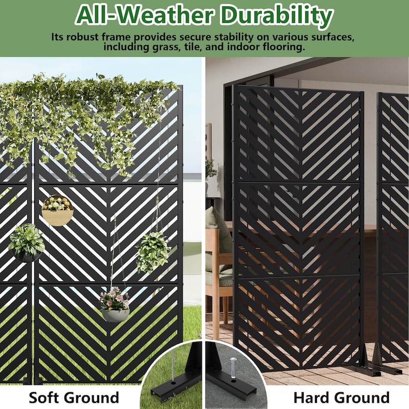 Outdoor Privacy Screen 2-Panel Chevron Metal Privacy Fence with Wind-Resistant Base Durable Decorative Divider