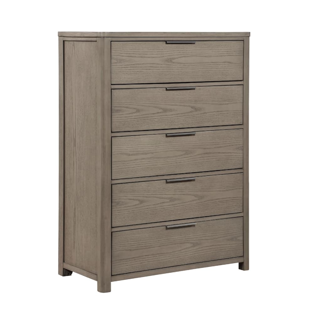 Delv Tall Dresser Chest, 5 Drawers, Chrome Edge Pulls, Light Gray Oak