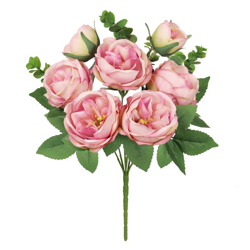 Set of 4 Rose Pink Artificial Cabbage Rose Flower Stem Bush Bouquet 13in - 13" L x 8" W x 8" DP - Rose Pink - 13" L x 8" W x 8" DP