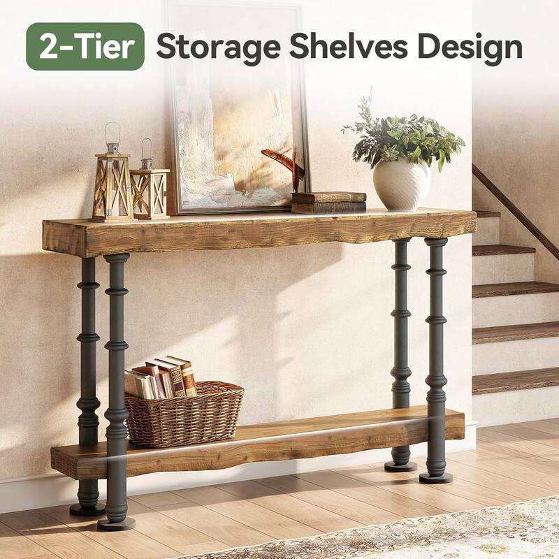 55-Inch Solid Wood Console Table for Entryway, Long Industrial Sofa Table for Living Room