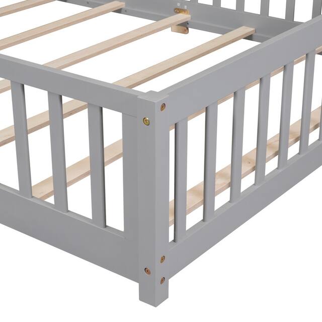 Twin/Full/Queen size Floor Platform Bed with Fence and Door for Kids, Toddlers