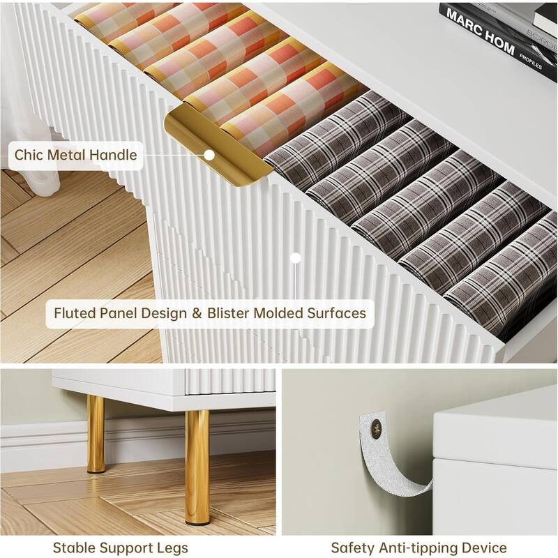6 Drawer Dresser for Bedroom with Gold Handles, Modern Wooden Chest of Drawers