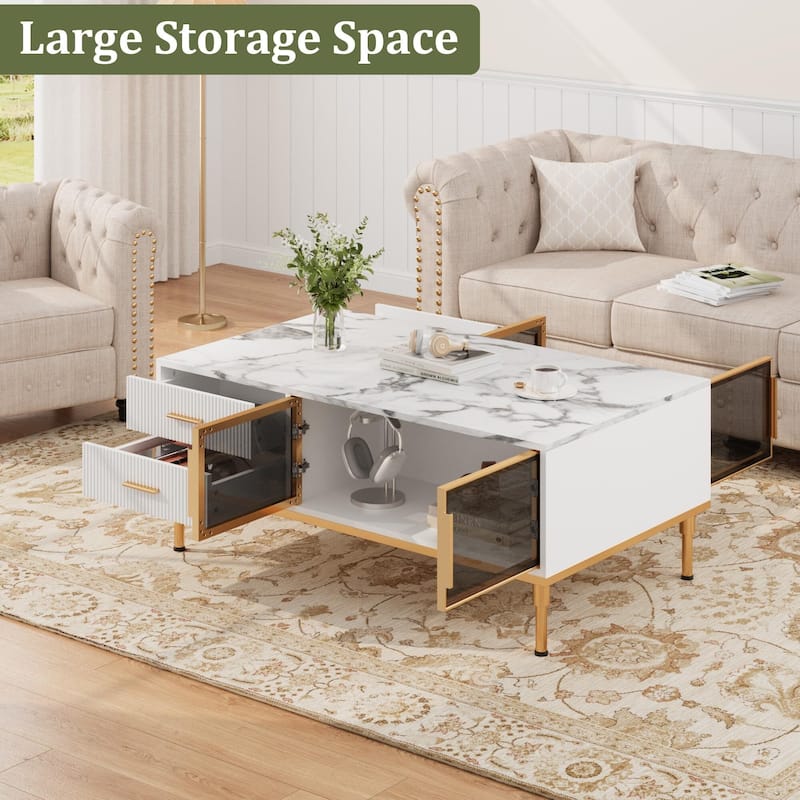 Minimalist Coffee Table with Faux Marble Surface, Glass Storage Doors