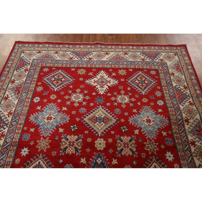 Geometric Red Kazak Area Rug Hand-Knotted Wool Carpet - 6'5" x 9'10"