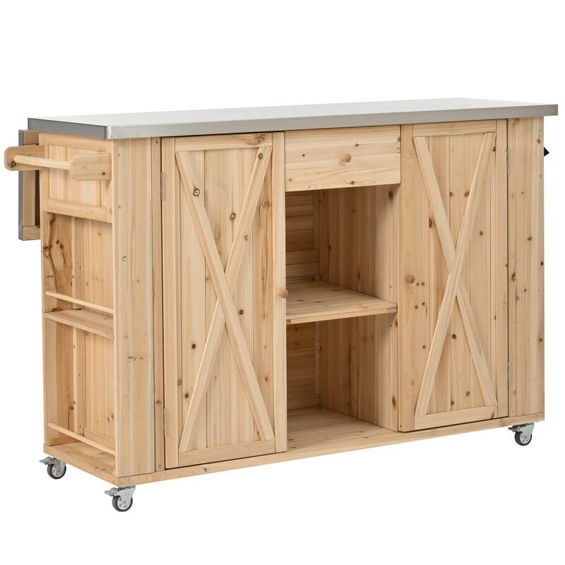 Outdoor Wood Kitchen Island w/ Stainless Steel Top,Towel,Bottle Opener