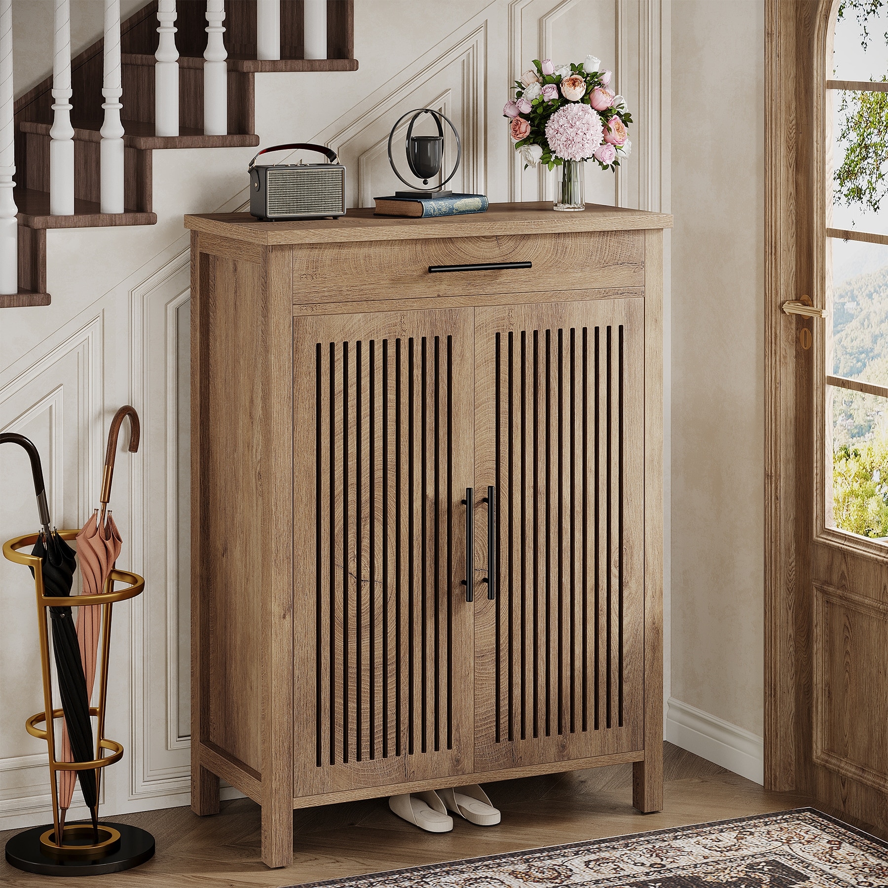 5-Tier Freestanding Shoe Cabinet with Drawer, Louvered Doors