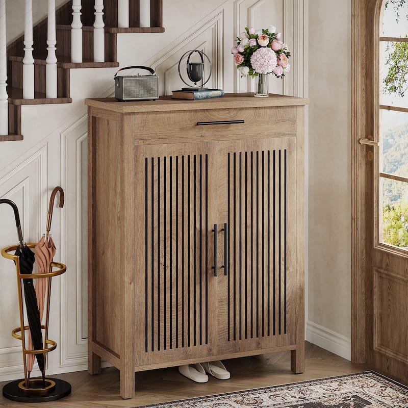 Shoe Storage Cabinet with Louvered Doors & Drawer, Wooden Shoe Rack for Closet, Entryway