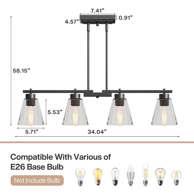 4-Light Matte Black Linear Island Pendant with Clear Glass Shade