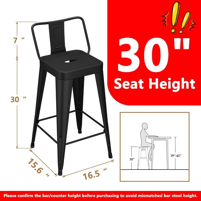 Metal Counter & Bar Stools Set of 4, 26" and 30" Seat Height Barstools with Metal Frame and Low Back for Kitchen lsland