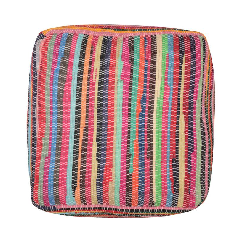 HomeRoots 18" Red Cotton Cube Striped Pouf Ottoman