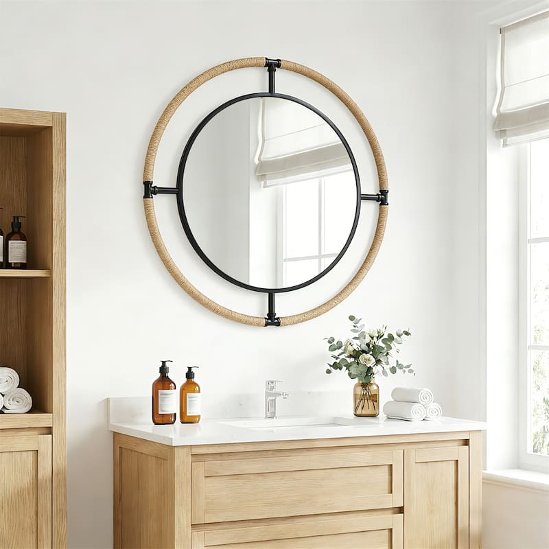 Industrial Nautical Dual Round Wall Hanging Decorative Mirror with Rope Coastal Decor Mirror