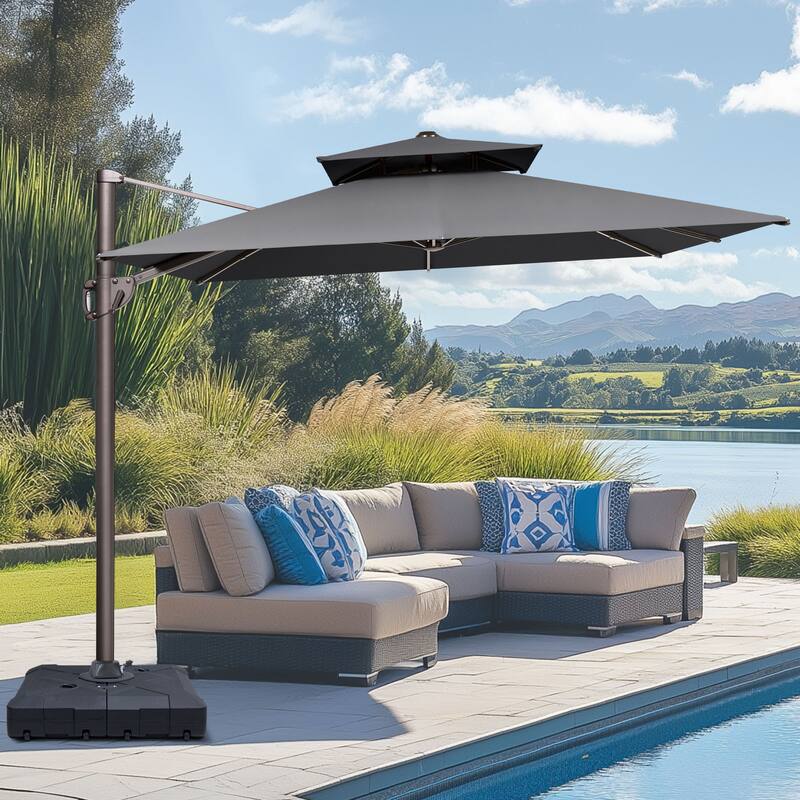 9 FT x 12 FT Outdoor Patio Dual Top Umbrella Cantilever Offset with Base