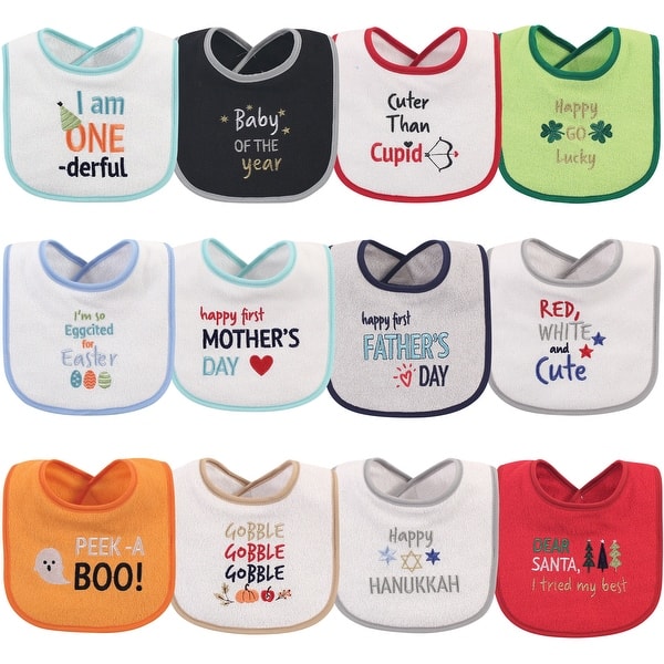 slide 1 of 1, Hudson Baby Infant Cotton Terry Drooler Bibs with Fiber Filling 12pk, Holiday Baby, One Size - Holiday Unisex - One Size One Size - Holiday Unisex