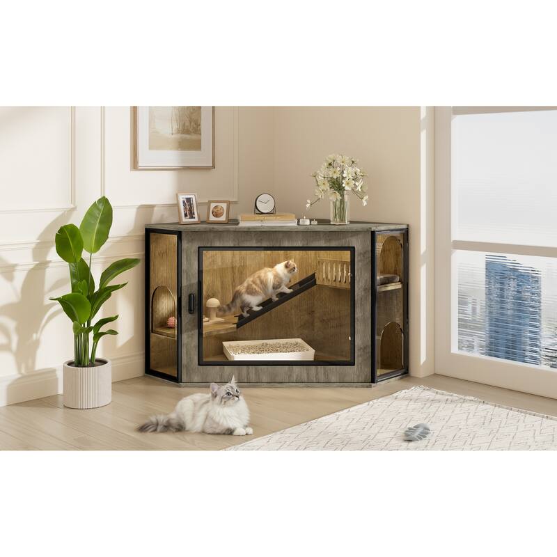 48" Corner Cat Litter Box Enclosure, Modern Hidden Litter Box Corner Cabinet with Acrylic Door and LED Light