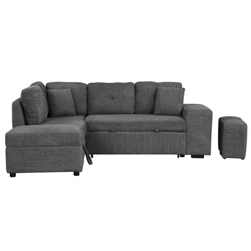 87.7" Convertible Sleeper Sofa Bed with Storage, 2 Pillows, 2 Stools, Charger & USB Ports, Dark Gray, Chenille