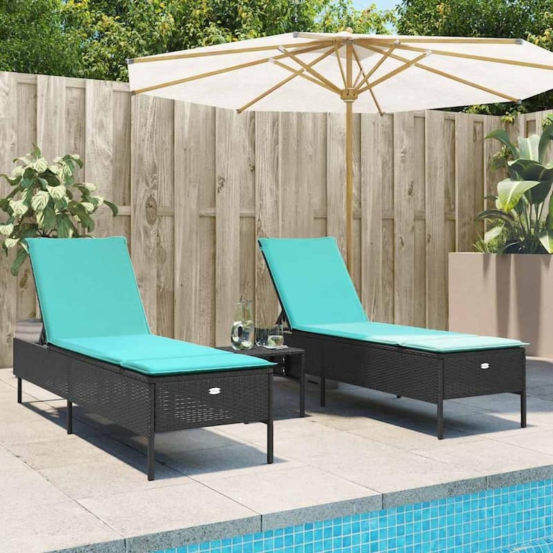 vidaXL Sun Lounger Set with Cushion Outdoor Chaise Lounge 3 Piece Poly Rattan - Black