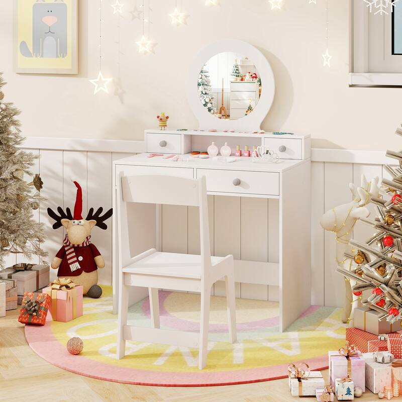 Gymax Kids Vanity Set Desk & Chair Set w/ Mirror Open Shelf & 4