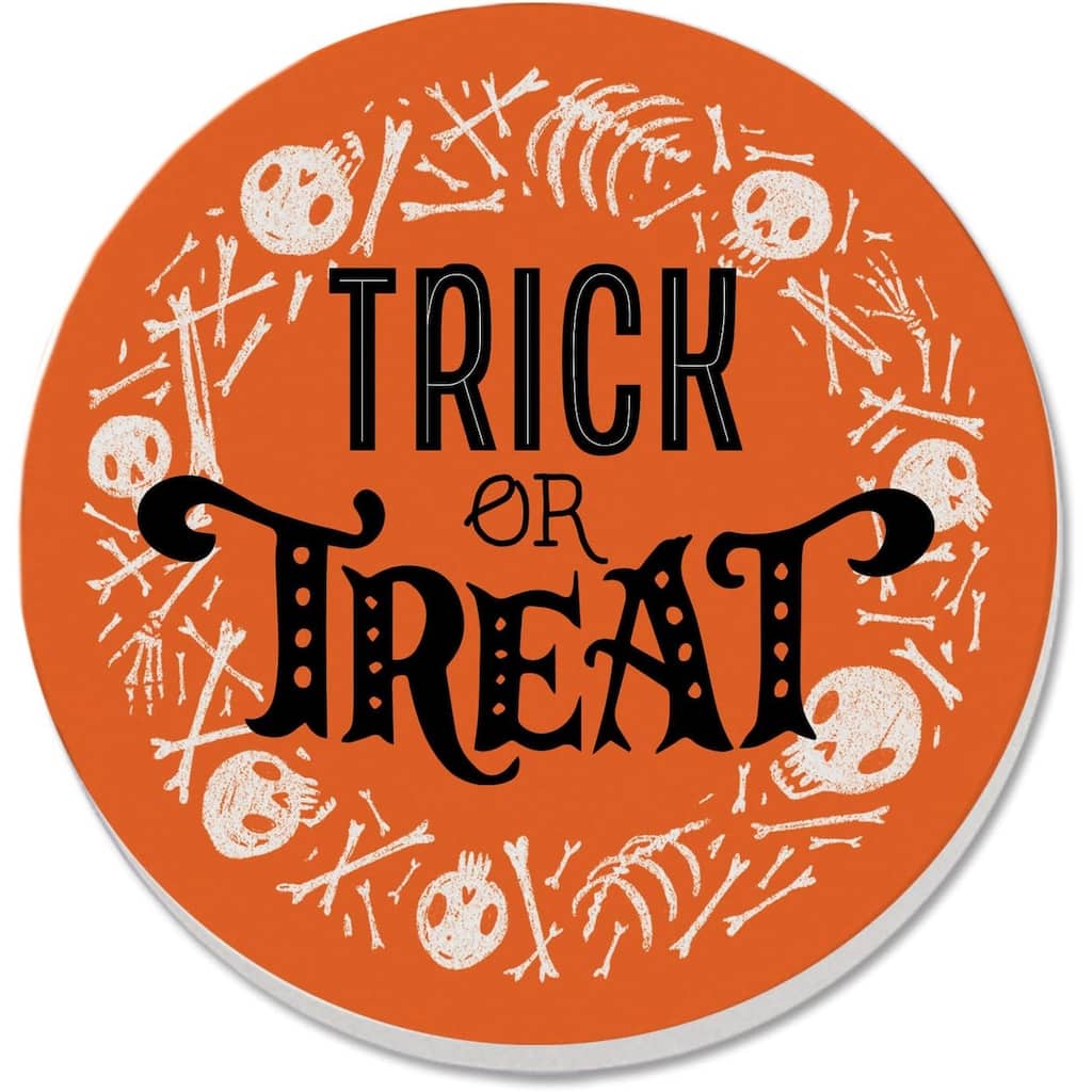 Trick or Treat 4 Pack Absorbent Stone Coaster with Protective Cork Backing Made in The USA 4" Round, Easily Wipes Clean - multi
