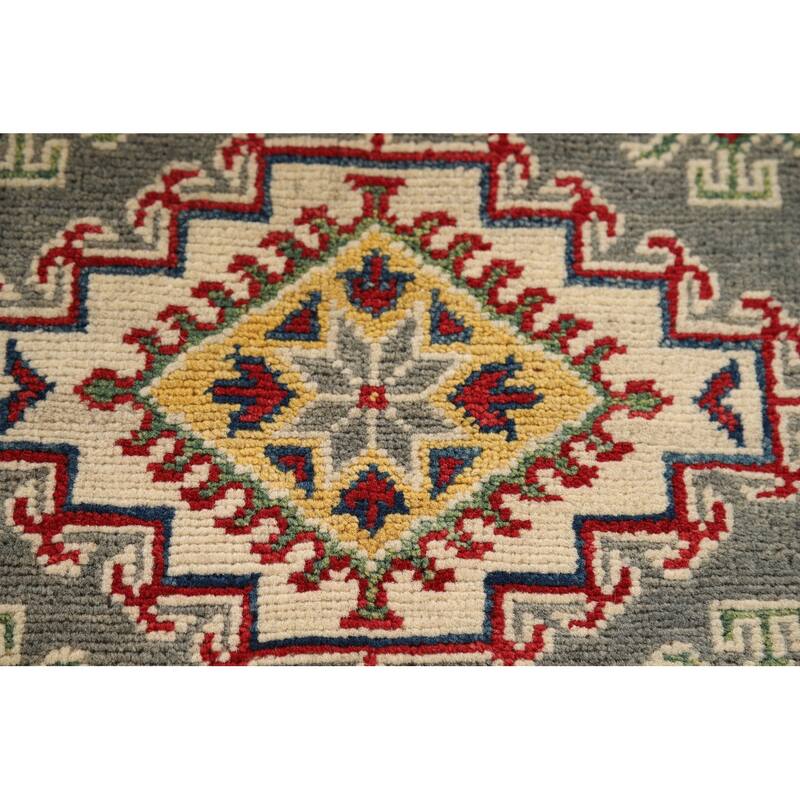 Geometric Kazak Foyer Rug Handmade Grey Wool Handmade Wool Carpet - 2'8" x 4'2"