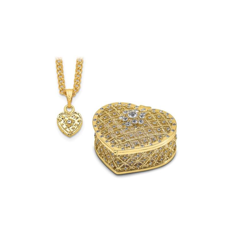 Curata Pewter Crystals Gold-Tone Enameled Romance Filigree Heart W/Ring Pad Trinket Box on 18 Inch Necklace