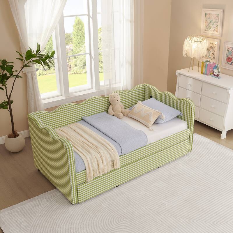 Twin Size Gingham Daybed Upholstered Sofa Bed with Trundle, Wave Shaped Armrest & Backrest, USB Port, No Box Spring Needed