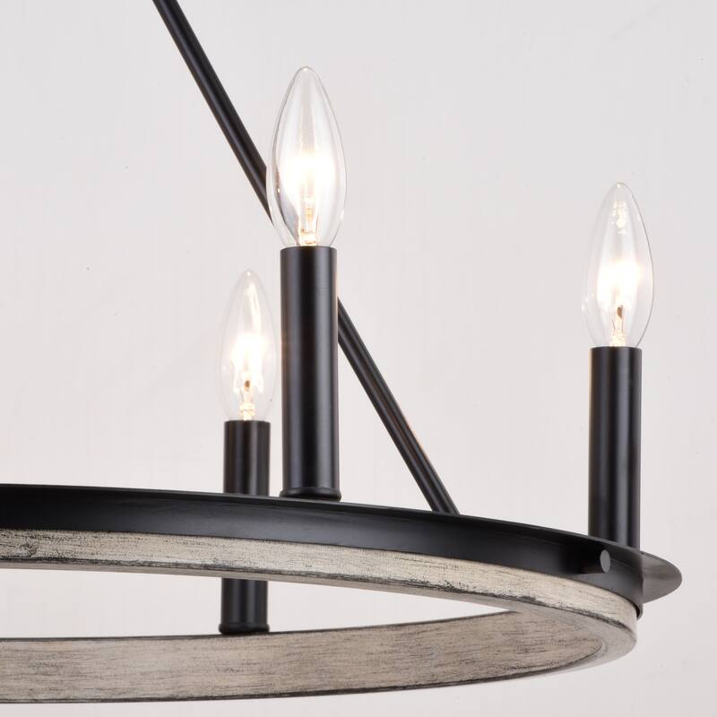 Russel 6 Light Matte Black and Weathered Gray Farmhouse Candle Wheel Chandelier - 24.75-in W x 21.5-in H x 24.75-in D