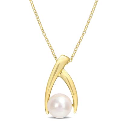 Miadora 9-9.5mm White Freshwater Cultured Pearl Fashion Pendant with Chain Yellow Silver 18KY Micron Plated