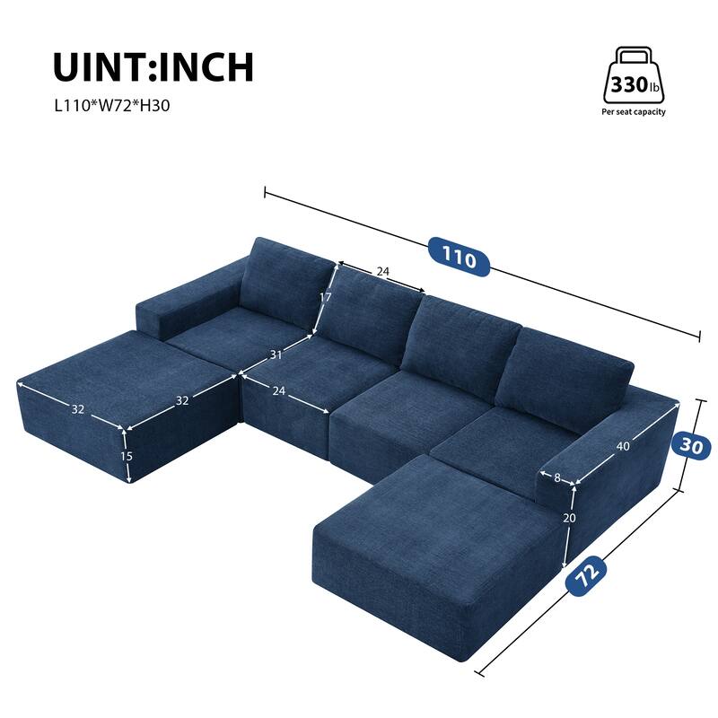 110" Chenille U-Shaped Sectional Sofa with Ottomans, Deep Seat & No Assembly Required - Modular Cloud Couch