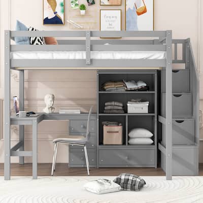 Full Size Wood Loft Bed with L-Shaped Desk and Drawers, Space Saving Design Wood Bed Frame with Cabinet and Storage Staircase