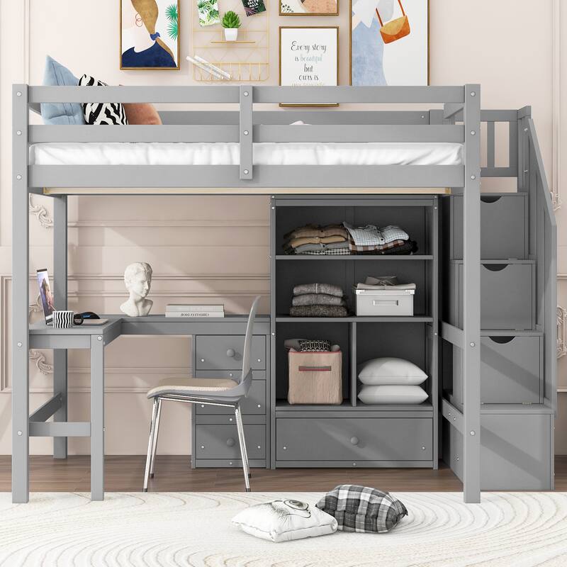 Twin/Full Loft Bed with L-Shaped Desk and Storage Staircase, Multi-Functional Solid Wood Loft Bed Frame with Drawers & Bookcase - Grey - Full