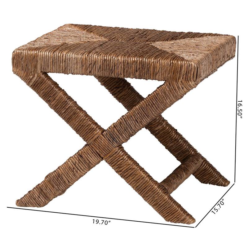 Alda Woven Seagrass Ottoman - Handwoven Wicker Accent Stool with X Base, Boho Coastal Seating