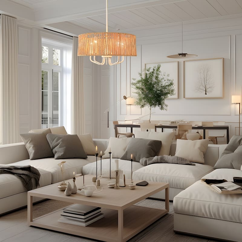5 Light Chandelier iron frame in antique white finish,brown rattan - 9.45"H x 17.7"W x 17.7"D