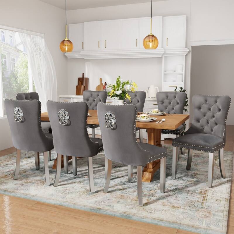 Tufted Naliheads Solid Wood Upholstered Dining Chairs Set of 8 - Grey SliverLegs
