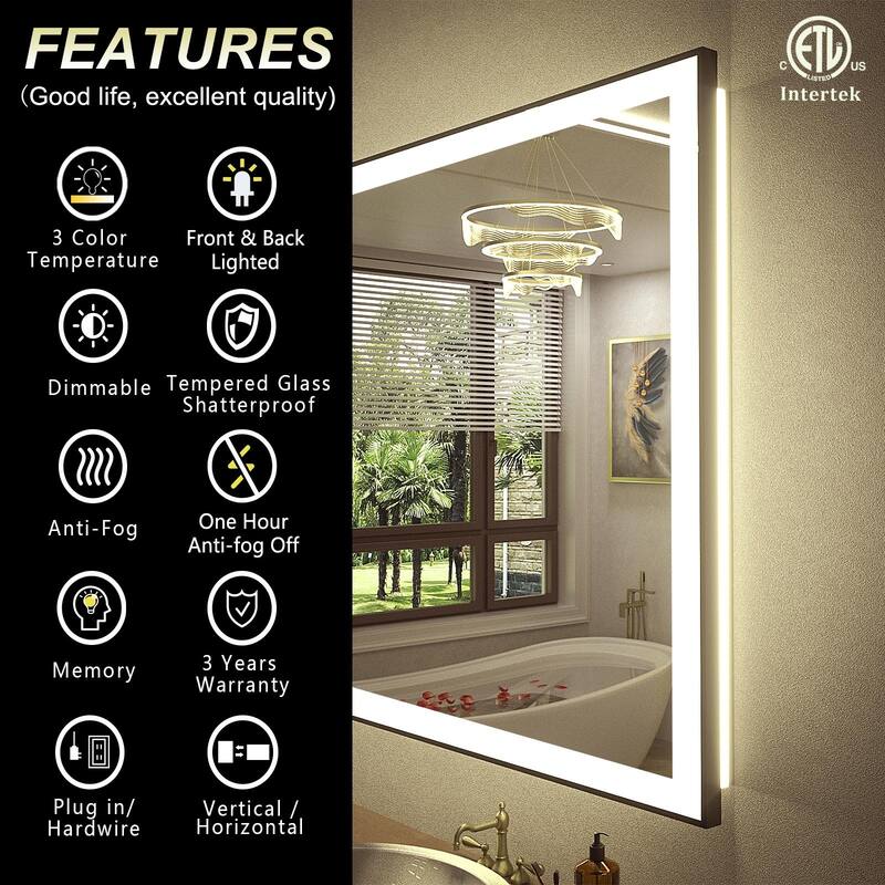 KIOTEE Black Frame LED Bathroom Vanity Mirror with 3 Years Warranty