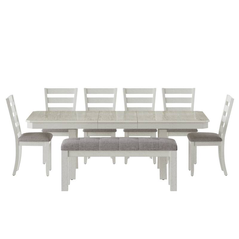 VECELO Dining Table Set with Bench, Solid Wood Rectangular Extendable Dining Table and Chairs Set for 6-8