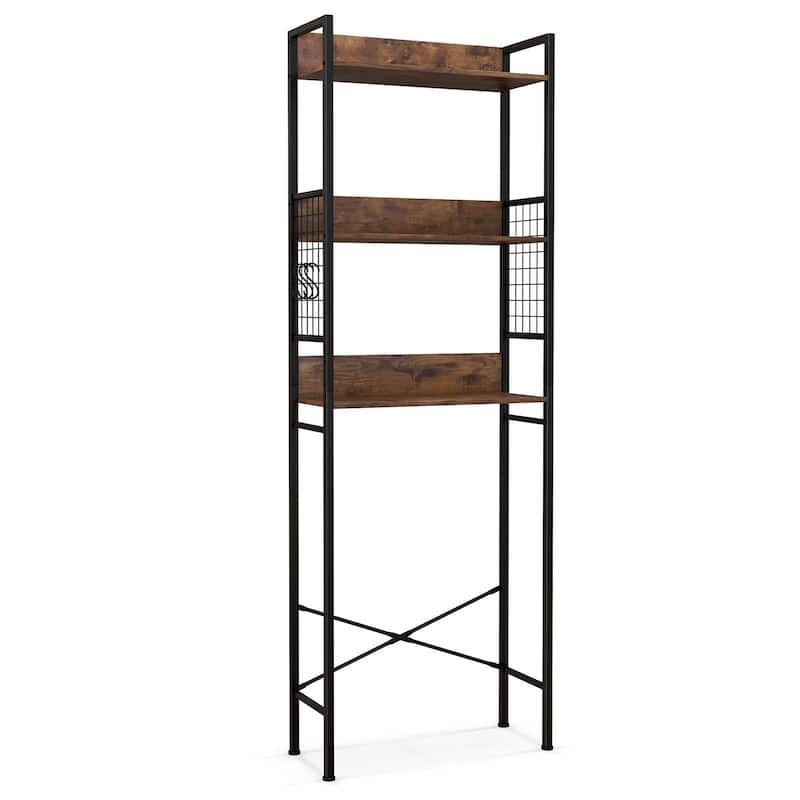 3-Tier Over-The-Toilet Bathroom Storage Rack Rustic Brown Wood and Steel Organizer with Hooks - 23.5" x 9.5" x 68" (L x W x H)