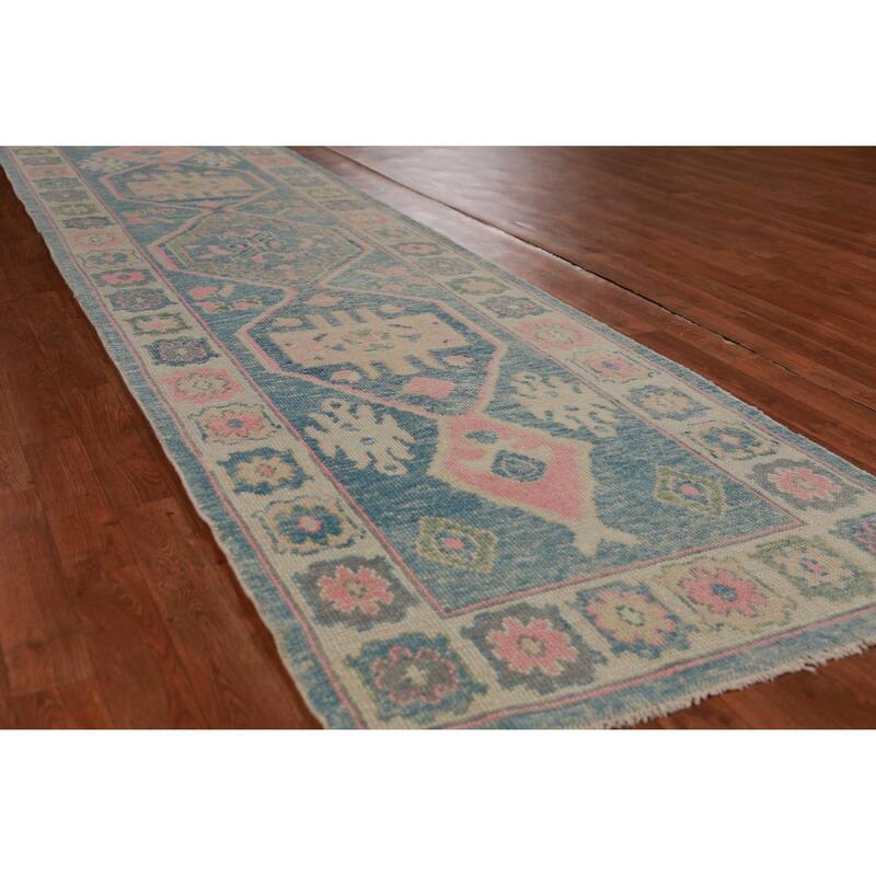 Hand Knotted Oriental 100% Wool Carpet Transitional Geometric Navy Blue & Blues Oushak Runner Rug - 11' 9'' X 3' 3''