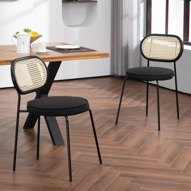 Set of 2 Azem Black Boucle Dining Chair with Rattan Backrest and Chrome Legs