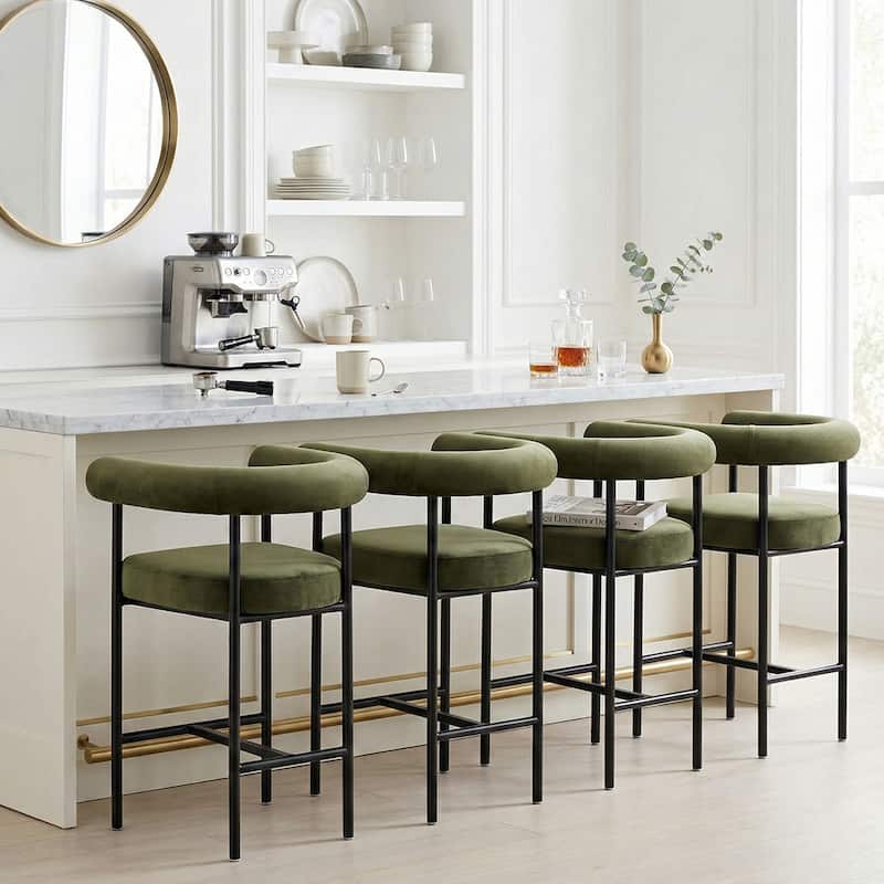 Velvet Counter Height Bar Stools with Arms, Curved Back, Metal Frame (Set of 4) - Green