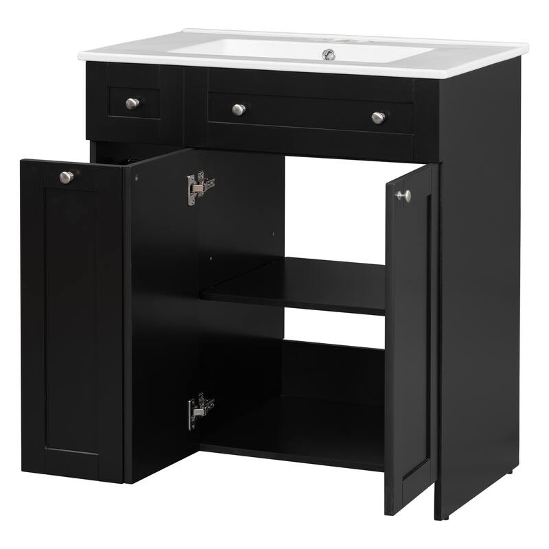 30" Black Bathroom Vanity with Ceramic Sink Combo, Abundant Storage Cabinet - 2 Soft-close Doors and Double-tier Deep Drawer