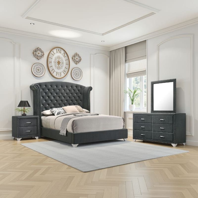 Giya 4pc Queen Bedroom Set, Classic Tufted Dark Gray Velvet Upholstery