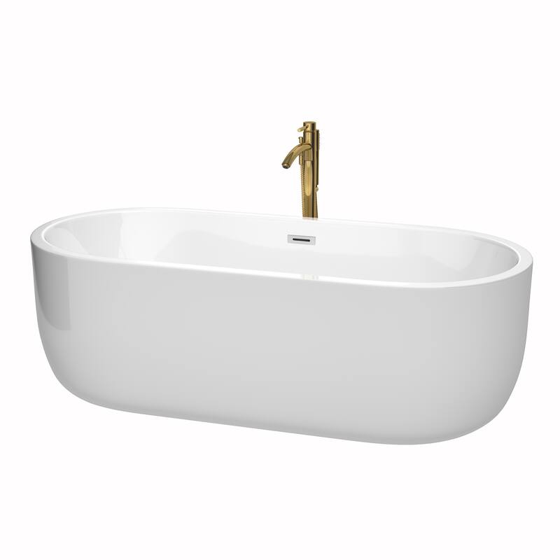 Wyndham Collection Juliette 71-inch White Freestanding Soaking Bathtub - White, Polished Chrome Trim & Brushed Gold Faucet