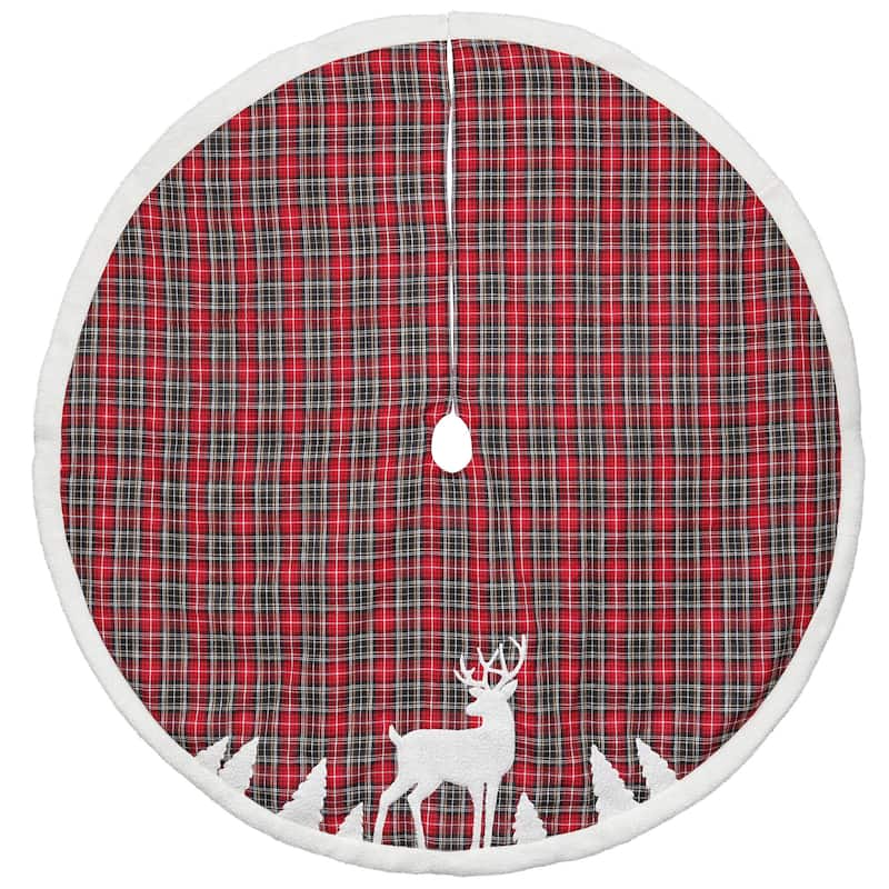 48" Red and Black Plaid Reindeer Christmas Tree Skirt - 48