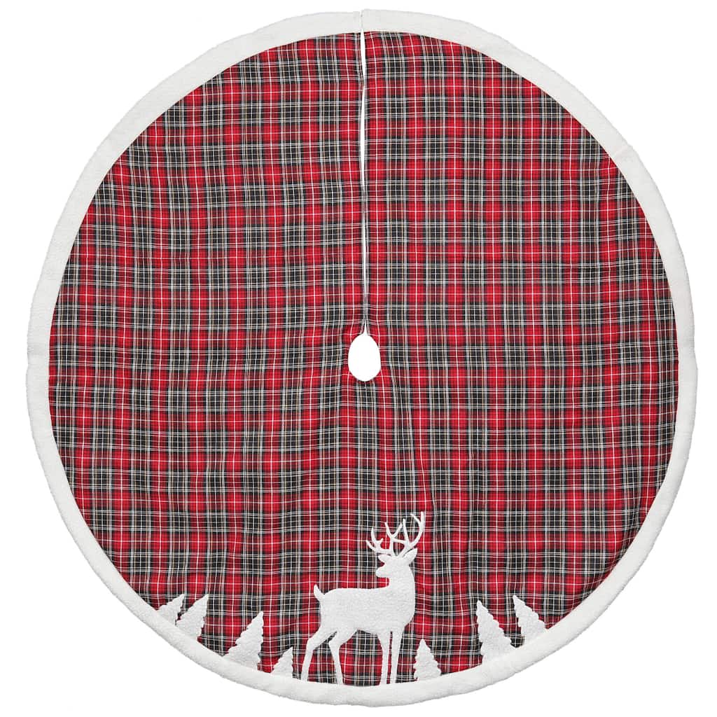 48" Red and Black Plaid Reindeer Christmas Tree Skirt - 48