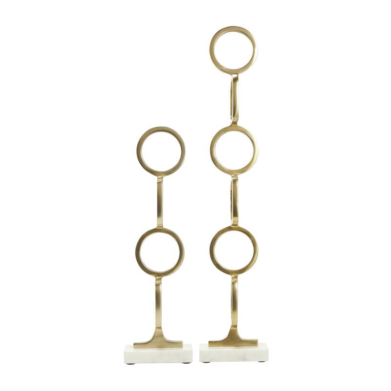 Aluminum Metal Abstract Stacked Geometric Rings Sculpture with Marble Bases - Set of 2 Gold - Roche River Decor
