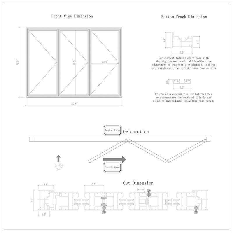 KaMic 108" x 80" 3 Panels Aluminum Folding Doors in Black, Folded Out from Left to Right Model #: FD3PBK10880-LR