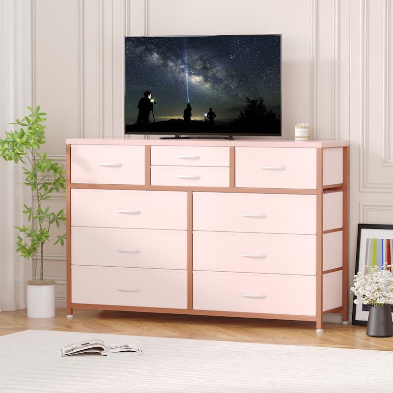 Wide 10 Drawer Dresser for Bedroom - Pink