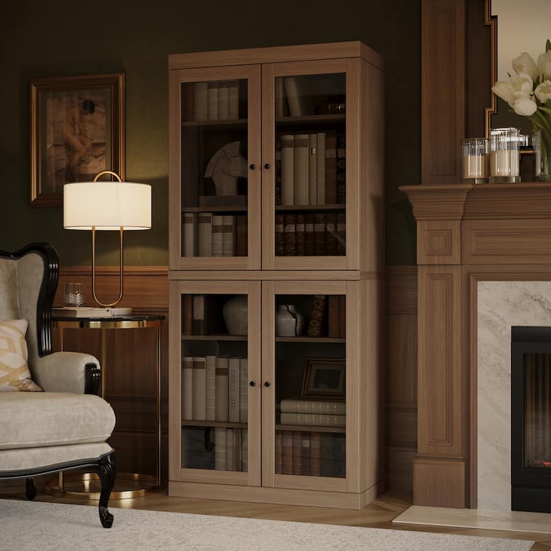 Palace Imports Premium 100% Solid European Oak Hardwood 6-Shelf Modular Bookcase with Tinted Glass Doors - 32" Wide, 71.5" Tall - Natural Oak