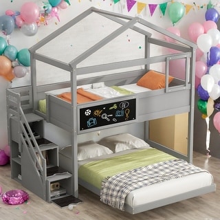 Modern Twin Over Full House Bunk Bed With Storage Staircase And Blackboard,Sturdy Frame for Bedroom